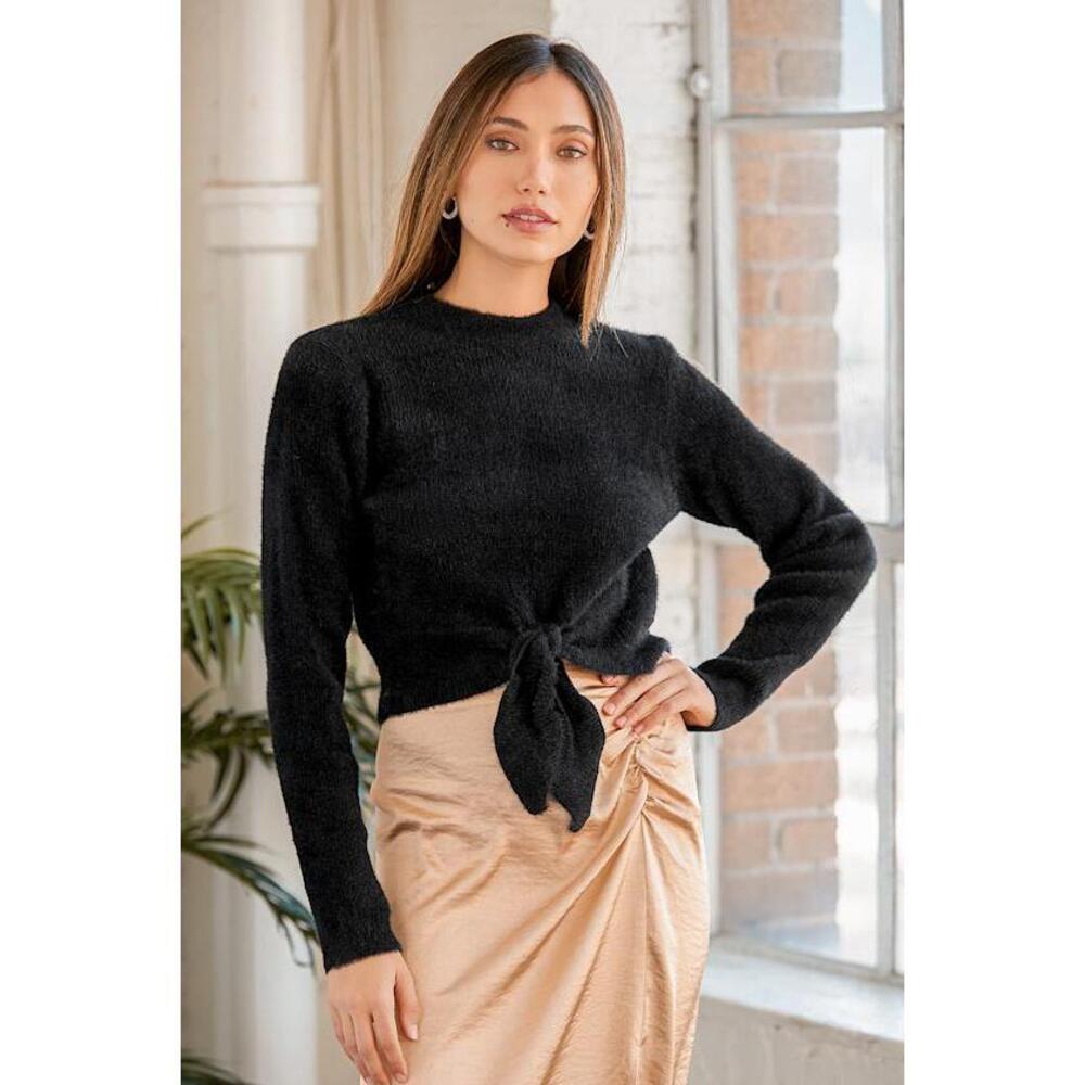 Lulus Worth A Tie Black Tie-front Cropped Sweater - Size S